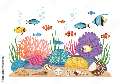 Vibrant underwater coral reef teeming with diverse marine life and seashells