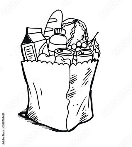 grocery paper bag with fresh food inside hand drawn sketch