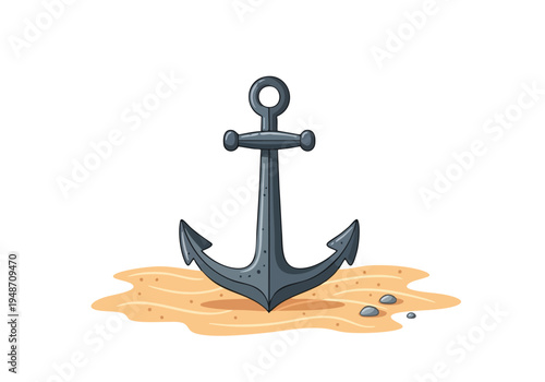 Illustration of a classic anchor resting on a sandy shore with small pebbles scattered around, evoking a maritime or nautical theme