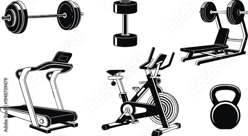 Gym equipment silhouettes, fitness vector, workout clipart, exercise design, training motif, sports icon, strength symbol, health illustration, active graphic, concept art