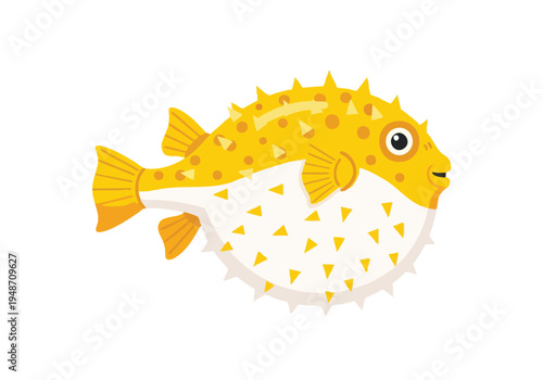 Cute yellow pufferfish illustration with sharp spikes, a common sea creature known for inflating itself