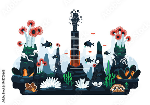 A surreal underwater scene featuring a giant guitar sculpture surrounded by exotic coral reefs, glowing flora, and swimming fish
