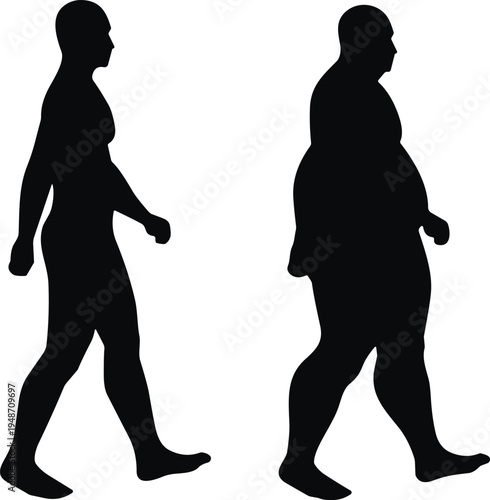 Human body silhouette comparison illustration, fitness lifestyle vector, health design art, body type icon, muscular figure graphic, overweight shape symbol