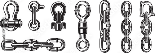 Assorted types of metal hooks and connectors for industrial and construction use Vector