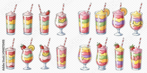 Set of colorful layered fruit smoothies and milkshakes with whipped cream and straws.