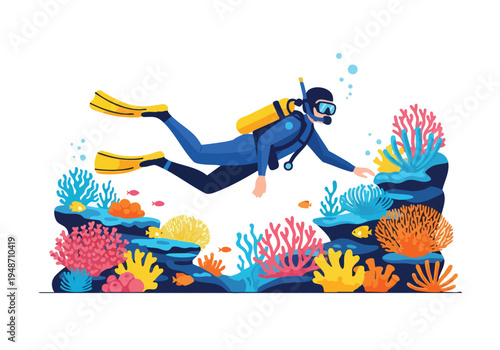 Scuba diver exploring a vibrant coral reef with diverse marine life and colorful underwater flora