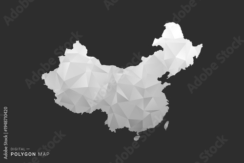 China Map - Polygon style vector illustration in black, gray and white low poly geometric design, minimal silhouette, isolated for infographic.