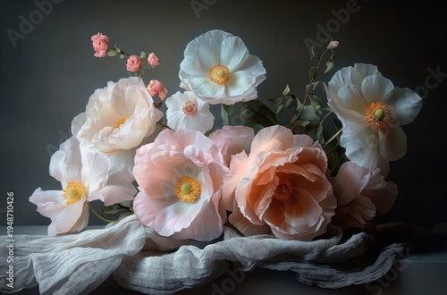 delicate pastel pink and white poppy blossoms arranged on draped linen with soft moody lighting, evoking calm romantic serenity
