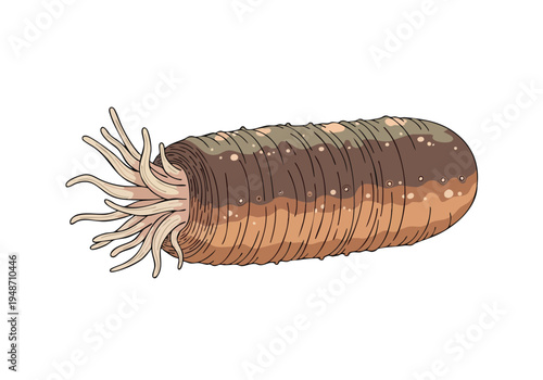 Illustration of a sea cucumber, a marine animal known for its elongated body and tentacles, isolated on a white background, detailed drawing