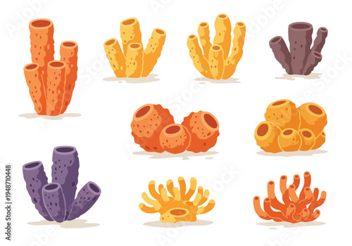 Collection of colorful, diverse coral reef organisms and marine invertebrates, ideal for oceanographic studies and marine biology illustrations