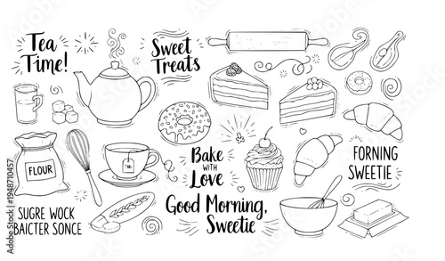 Tea time hand drawn doodle bakery cafe vector set