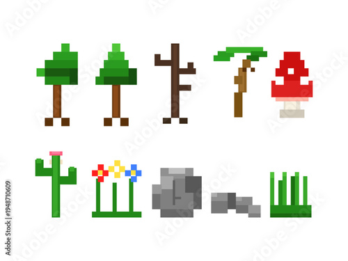 Pixel Art Nature Set Tree Rock Mushroom Cactus Flower RPG Game Asset