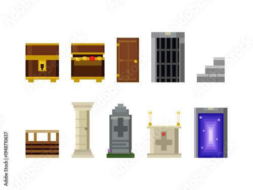 Pixel Art Dungeon Object Chest Gate Stair Altar Portal RPG Game Asset