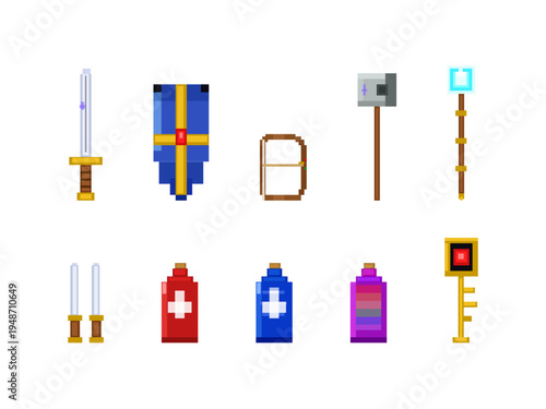 Pixel Art Weapon Item Sword Shield Bow Axe Staff Potion Key RPG Game