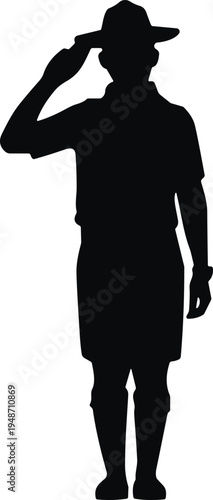 Saluting person silhouette, uniform vector, scout clipart, military design, respect motif, discipline icon, service symbol, ceremonial graphic, concept art