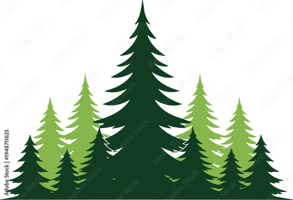 Obraz premium Pine Forest Tree Vector Illustration Featuring Evergreen Conifer Trees in Layered Silhouette Style for Nature Landscape Design, Woodland Graphics, and Outdoor Themes