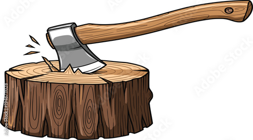 Axe Cutting Wood Log Vector Illustration Featuring Hatchet Striking Tree Stump for Lumberjack, Woodcutting, Forestry, and Carpentry Tool Design Concepts