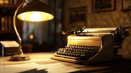 keystroke. Close-up of a vintage typewriter with brass details, softly lit by a warm desk lamp. product launch decks, UI/UX mockups, designed for product launches and innovation pitches.