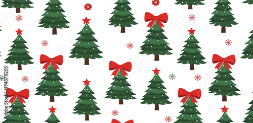 Christmas Tree Seamless Pattern Vector with Festive Evergreen Trees, Red Bows, Stars, and Snowflakes for Holiday Wrapping Paper, Winter Textiles, and Seasonal Designs