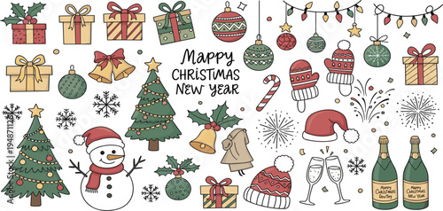 Christmas Holiday Doodle Vector Set Featuring Santa Hat, Snowman, Gift Boxes, Christmas Tree, Ornaments, and New Year Celebration Elements for Festive Design