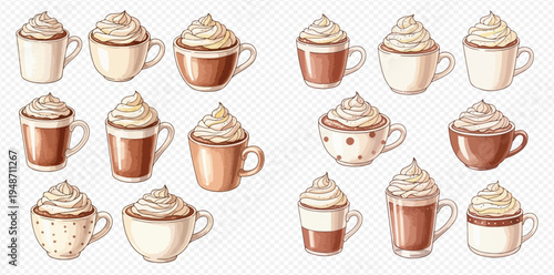 Collection of hand-drawn hot chocolate and coffee cups with whipped cream, perfect for cozy beverage designs.