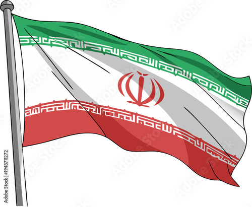 Iran national flag waving fabric style vector, green white red stripes with emblem isolated.