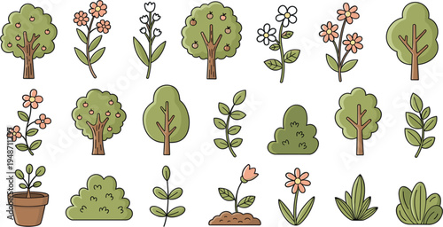 Cute Nature Elements Vector Set Featuring Trees, Flowers, Leaves, Bushes, and Potted Plants in Cartoon Style for Garden, Botanical, and Spring Design Projects