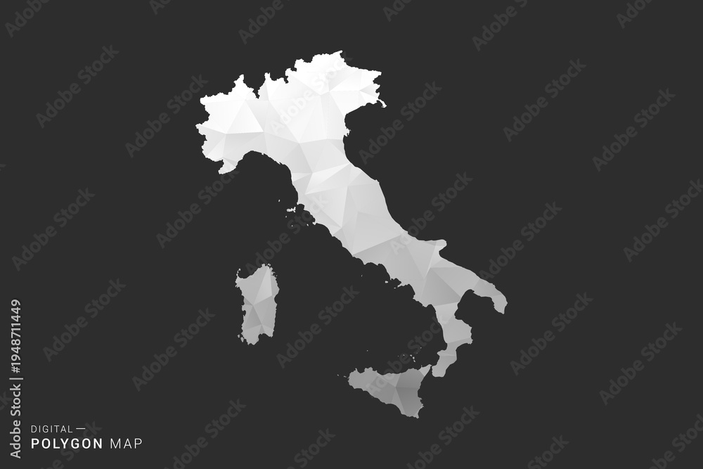 Fototapeta premium Italy Map - Polygon style vector illustration in black, gray and white low poly geometric design, minimal silhouette, isolated for infographic.