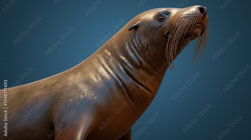 Obraz premium Close-up portrait of a curious sea lion with whiskers against a deep blue background