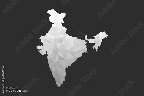 India Map - Polygon style vector illustration in black, gray and white low poly geometric design, minimal silhouette, isolated for infographic.