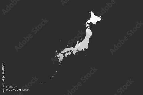 Japan Map - Polygon style vector illustration in black, gray and white low poly geometric design, minimal silhouette, isolated for infographic.