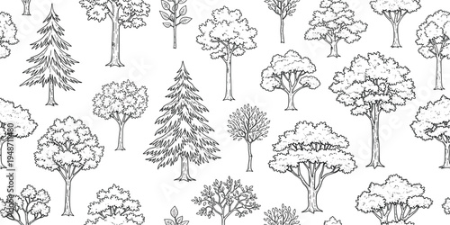 Hand Drawn Forest Tree Seamless Pattern Vector Featuring Various Pine and Deciduous Trees in Sketch Style for Nature Backgrounds, Botanical Designs, and Wallpaper