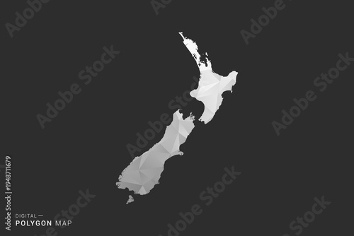 New Zealand Map - Polygon style vector illustration in black, gray and white low poly geometric design, minimal silhouette, isolated for infographic.