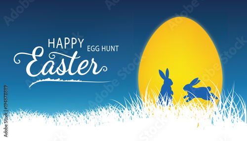 Easter bunny and rabbit silhouette in grass with yellow egg on blue background with happy easter text