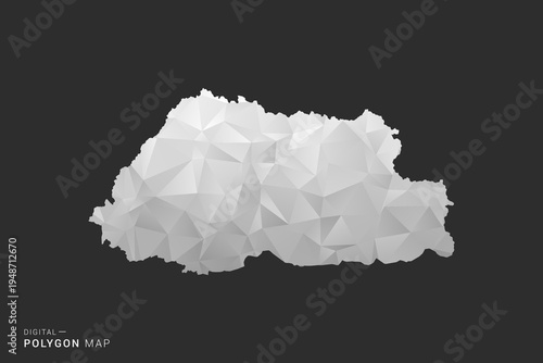 Bhutan Map - Polygon style vector illustration in black, gray and white low poly geometric design, minimal silhouette, isolated for infographic.