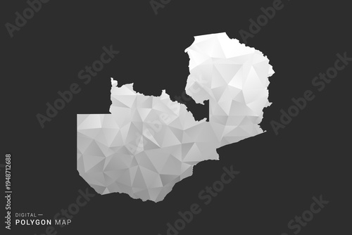 Zambia Map - Polygon style vector illustration in black, gray and white low poly geometric design, minimal silhouette, isolated for infographic.