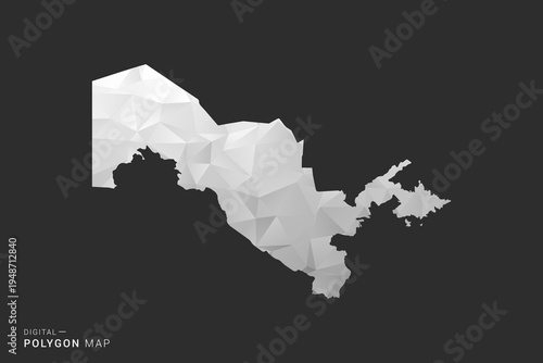 Uzbekistan Map - Polygon style vector illustration in black, gray and white low poly geometric design, minimal silhouette, isolated for infographic.