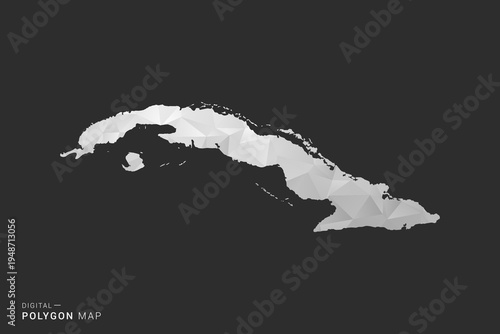 Cuba Map - Polygon style vector illustration in black, gray and white low poly geometric design, minimal silhouette, isolated for infographic.