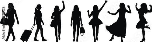 Women silhouette illustration set, fashion travel lifestyle icons, handbag luggage dancing posing expressive figure, stylish vector, clothing design, modern art