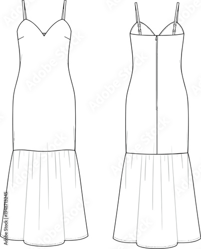 Women’s dress fashion flat sketch, mermaid silhouette, sweetheart neckline thin straps, garment construction vector, technical illustration, clothing design, apparel art