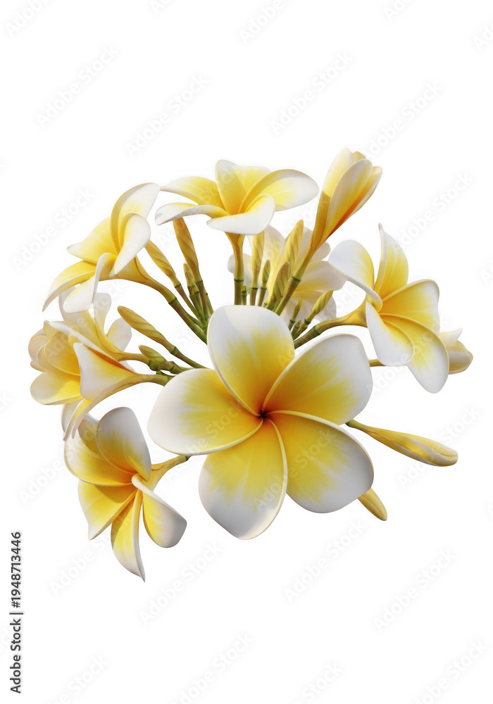 Obraz premium A beautiful cluster of tropical plumeria flowers with soft white and yellow gradient petals bloom isolated on transparent background