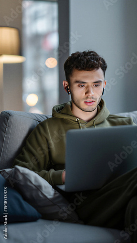 Dedicated remote student deeply analyzing a complex virtual lecture during a quiet evening upskilling session.