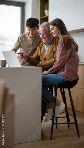 Tech-savvy grandfather enthusiastically revealing digitized family archives to his teenage grandchildren during a collaborative ancestry project