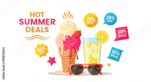 Summer sale vector illustration with ice cream, sunglasses and discount tags