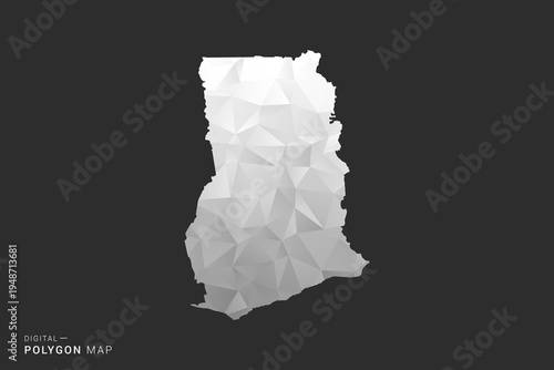 Ghana Map - Polygon style vector illustration in black, gray and white low poly geometric design, minimal silhouette, isolated for infographic.