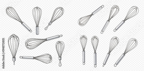 Set of kitchen whisks for cooking and baking, isolated on transparent background, vector illustration.
