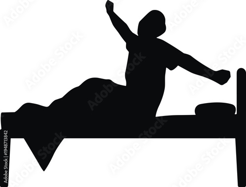Wake up morning silhouette illustration, person stretching in bed icon, lifestyle routine vector, sleep health design, relaxation art, daily symbol