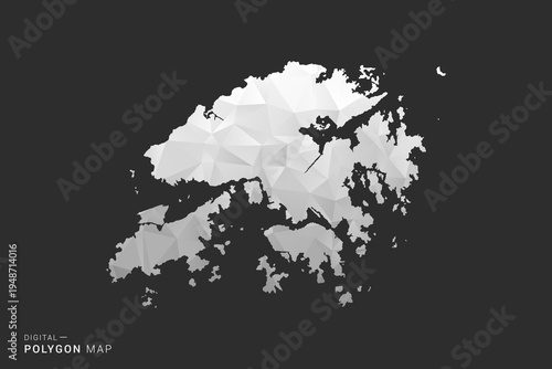 Hong Kong Map - Polygon style vector illustration in black, gray and white low poly geometric design, minimal silhouette, isolated for infographic.