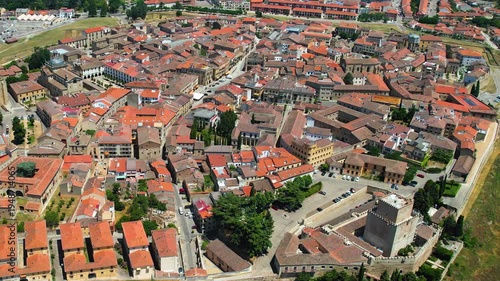 Aerial panoramic view above the old town of the city Ciudad Rodrigo in Spain on a sunny summer day .