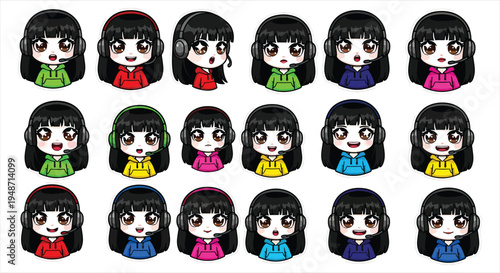 Cute Gamer Girl Character Emote Sticker Set, Cartoon Gaming Avatar Emoji Pack, Streaming Reaction Icons for Twitch Discord Vector